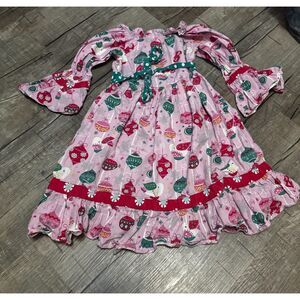 Jelly the Pug Girls Dress Size 6X Pink Holiday Christmas Ornaments Long Sleeve